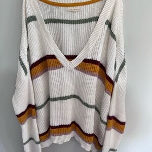 La Hearts White V-Neck Sweater with Mustard, Olive & Burgundy Stripes